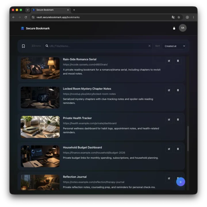Secure Bookmarkでデジタル終活の対象となるブックマークを整理している画面